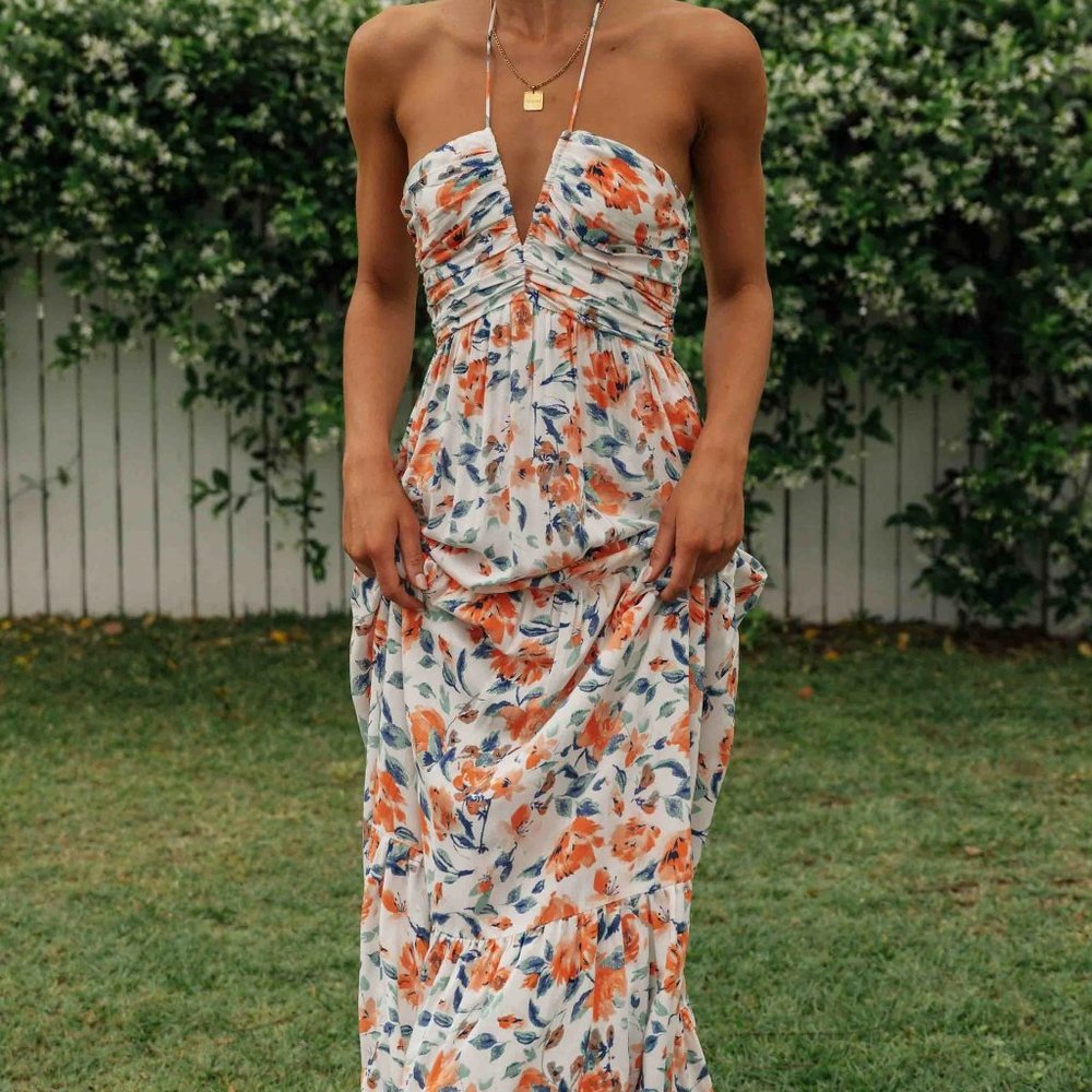 Floral V-neck Backless Maxi Dress